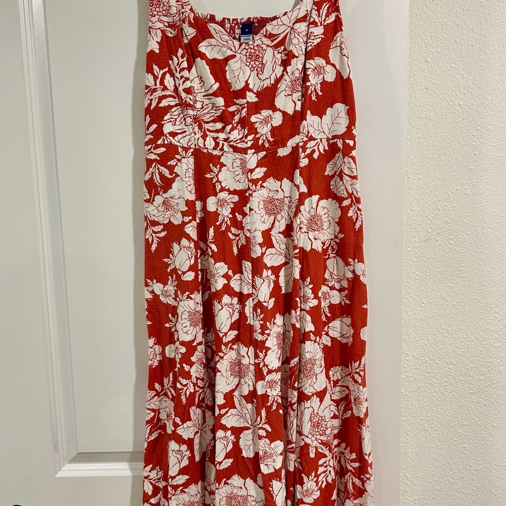 Old Navy Red and White Linen Floral Midi Dress